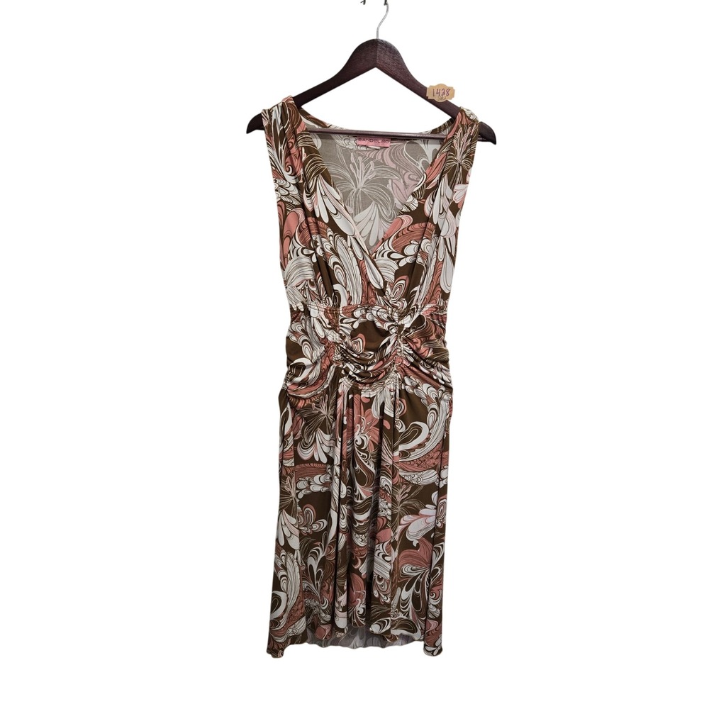 Bandolino Vintage 90s Y2K Psychedelic Floral Swirl Ruched VNeck Dress Brown Pink